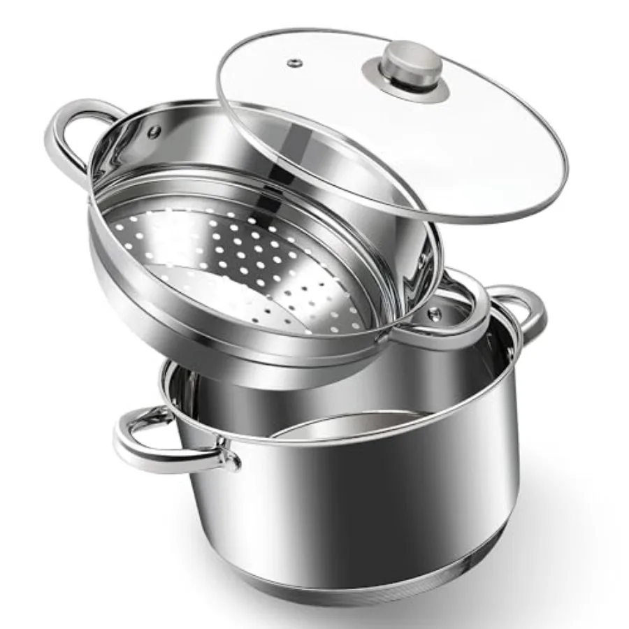 

® 6 Quart 18/10 Stainless Steel Tri-ply Stockpot and Steamer with Tempered Glass Lid Multipurpose Steamer Pot Compatible with A