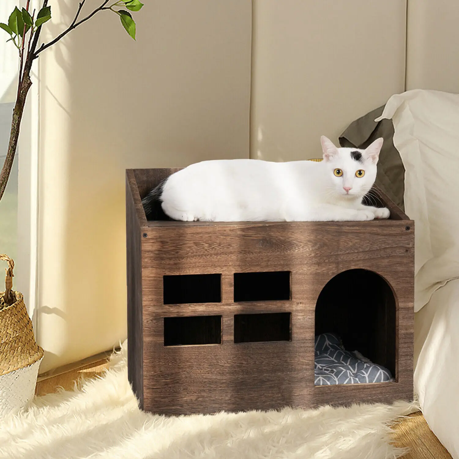 Solid Wooden Cat  Litter Box for Indoor Cat Bed Cave House Furniture with Comfortable Cushion Pad Kitten Sleep Lounge House