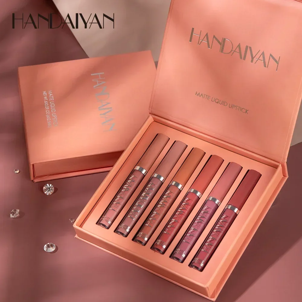 HANDAIYAN 6pcs/Set Lip Gloss Long Lasting Waterproof Matte Lip Tint NonStick Cup Liquid Lipstick Gift Box Cosmetics Makeup