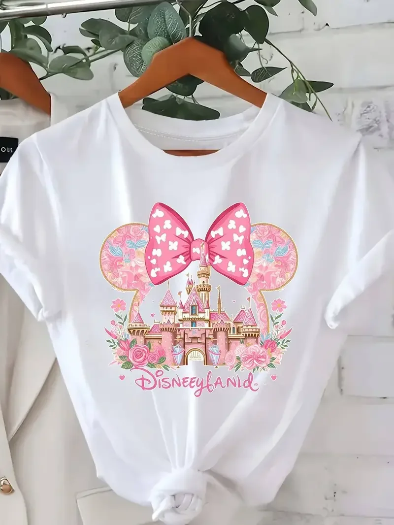 تي شيرت أميرات ديزني النسائية مع آذان ميكي تي شيرت قطني كاجوال كبير الحجم للفتيات تي شيرت كارتوني ملابس الشارع الشهير بأكمام قصيرة #2