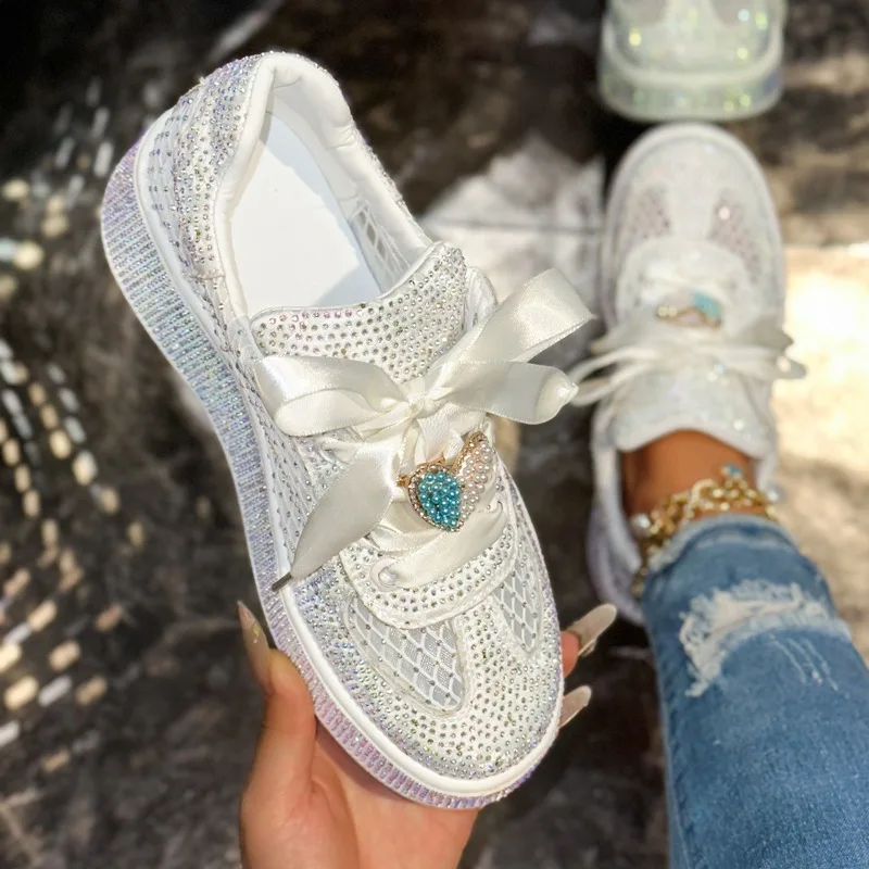 Summer New Women Mesh Luxury Sneakers Breathable Thick Bottom Casual Shoes Full Crystal Diamond Versatile Trendy Designer Shoes