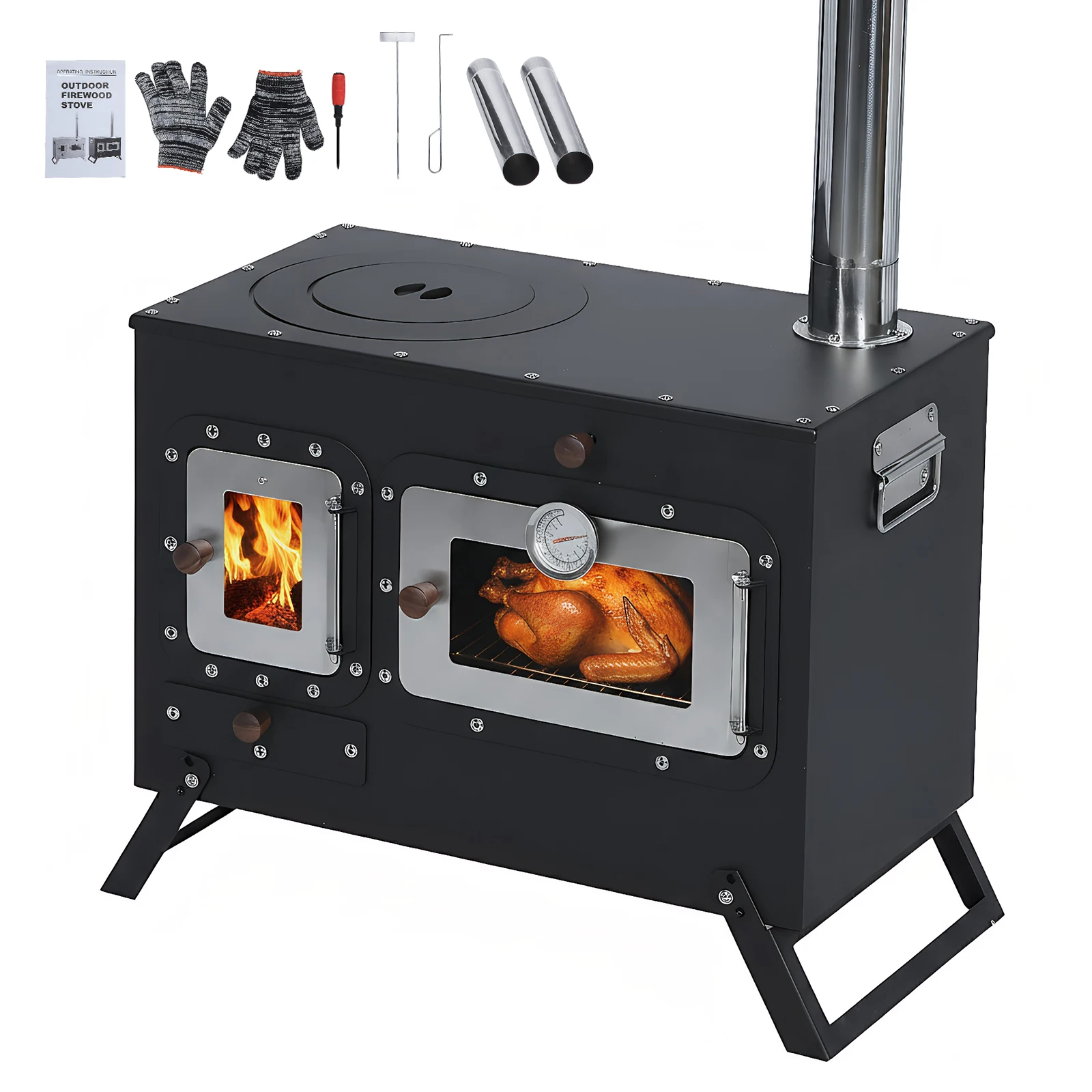 

Wood Burning Stove with Chimney Pipe Folding Portable Wood Stove with Oven for Outdoor Heating & Cooking Ice Fishing Hunting