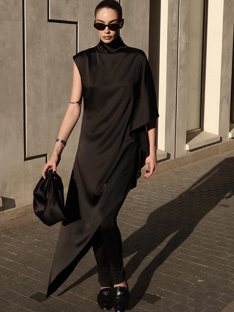 JULISSA MO 새틴 불규칙한 터틀넥 여성 미디 드레스 화이트 망토 슬리브 하이 웨이스트 드레스 여성 가을 ​​슬림 우아한 streetwear