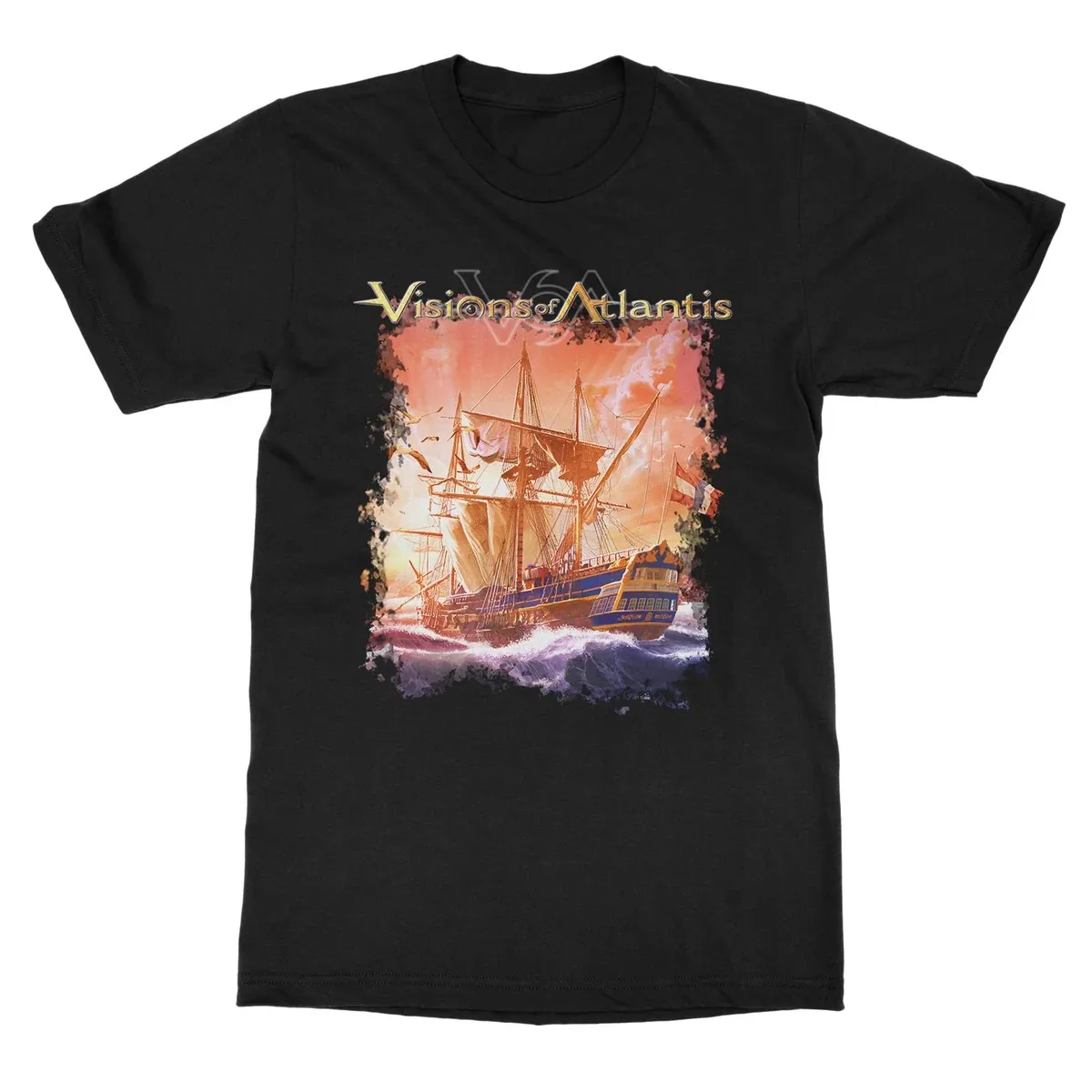 Visions of Atlantis Graphic T Shirt, Front Triangle Frame Giant Wave Vintage Line Engraving Art Print T Shirt, Unisex T Shirt