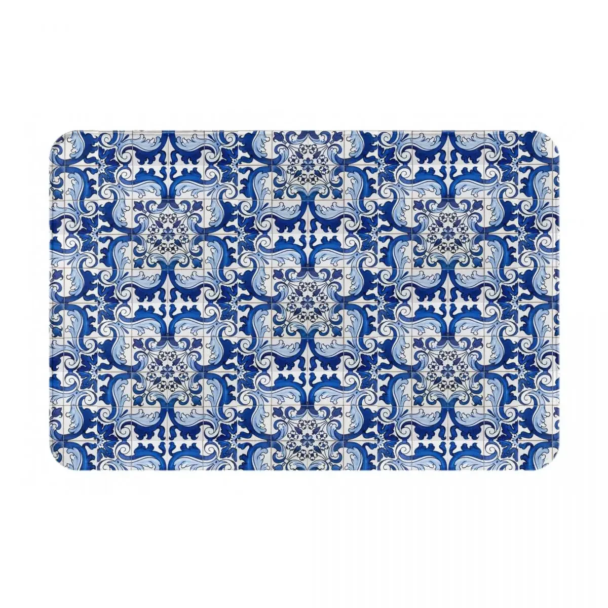 Classic Lisbon Blue Azulejo Tile Floral Doormat Rug Carpet Mat Footpad Polyester Non-slip Water Oil Proof Entrance Kitchen