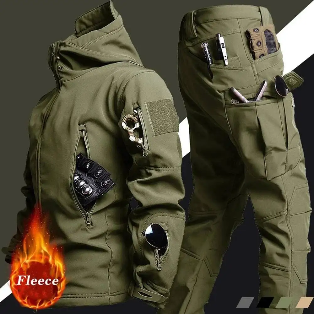 Tactical Winter Set Men's Outdoor Windproof and Waterproof Set Multi Pocket Soft Shell Hooded Jacket Shark Skin Work Pants
