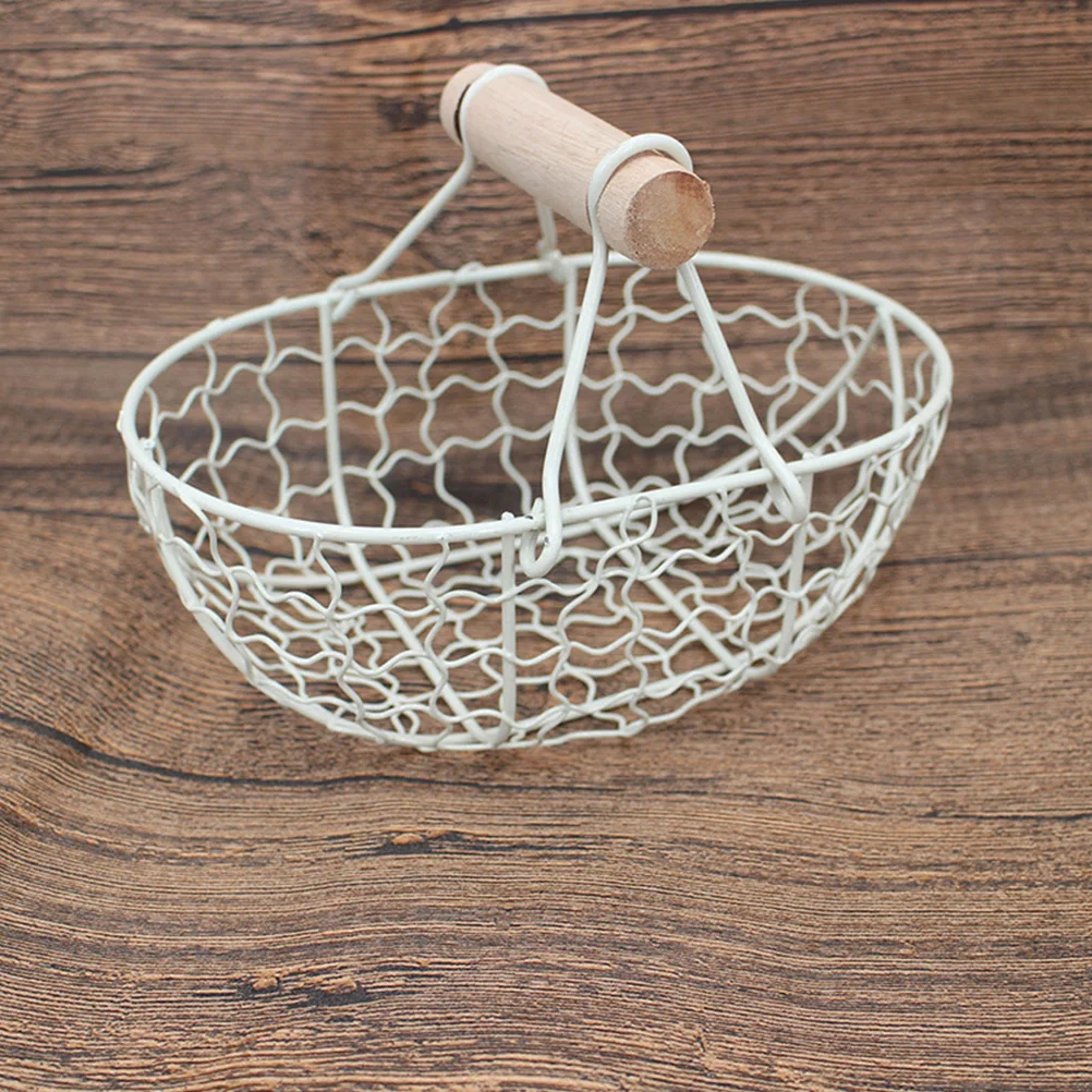 

2pcs Iron Wire Storage Basket White Vintage Home Decor Metal Fruit Container Kitchen Egg Baskets Wooden Handle