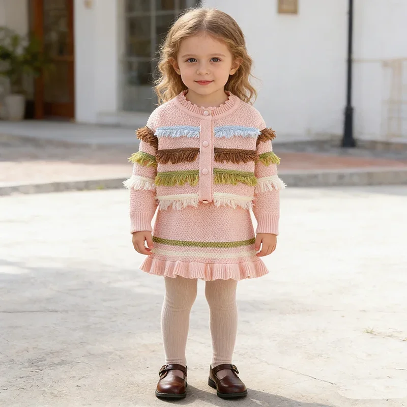 2026 New Spring 2-6Yrs Children Knitted Clothes Set Kids Knitted Clothing Suit Long Sleeved Knitted Cardigan+Short Skirt