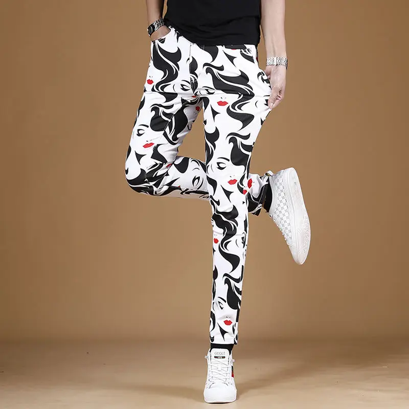 Light Luxury Men’s Street Fashion Full Print White Jeans,Slim-fit Korea Version Stretch Denim Pants,Trendy Casual Jeans Pants;