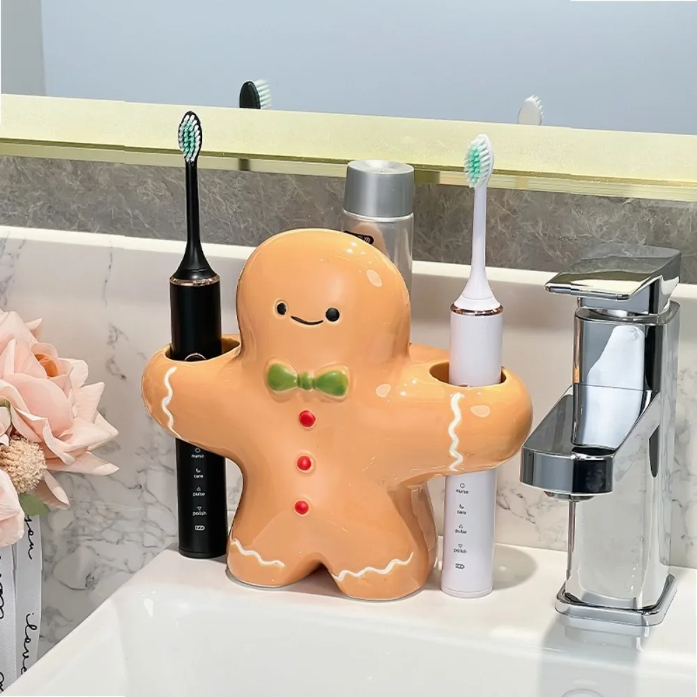 Ceramic Gingerbread Man Electric Toothbrush Holder for Couple Bathroom Vanity Christmas Toothpaste Storage Rack