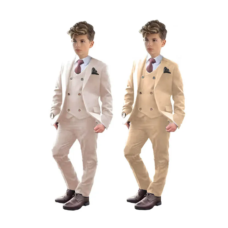 Children Beige 4Pieces/Set Jacket Vest Pants Bowtie Wedding Birthday Dress Boys Photograph Suit Kids Piano Performance Dress