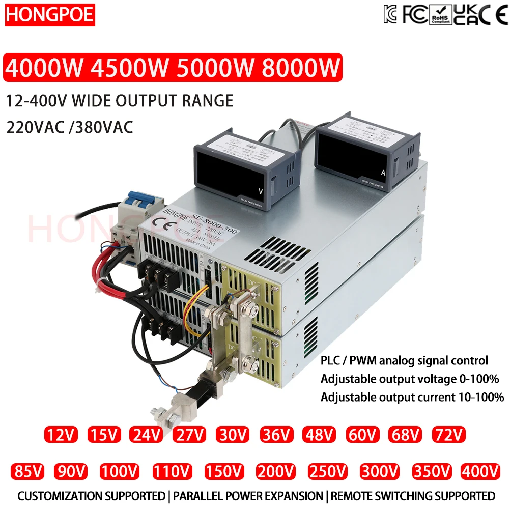 

CE 12-400VDC Switching Power Supply 4000W4500W5000W 8000W Power 0-5V Analog Signal PLC PWM Control 220/380V AC-DC for Motors LED