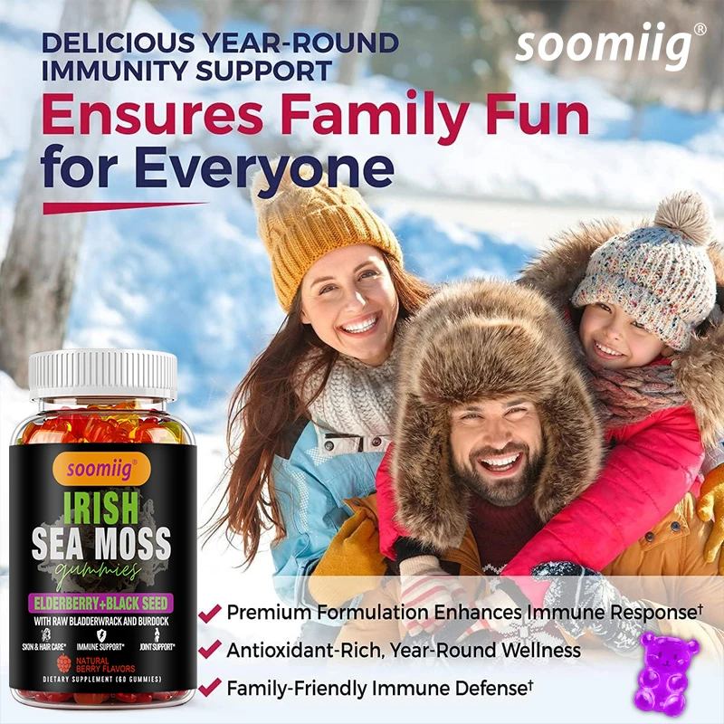Sea Moss Gummies with Irish Sea Moss Elderberry Black seed, Immune, Thyroid, Digestive, Joint & Skin Support, Cleanse Intestines