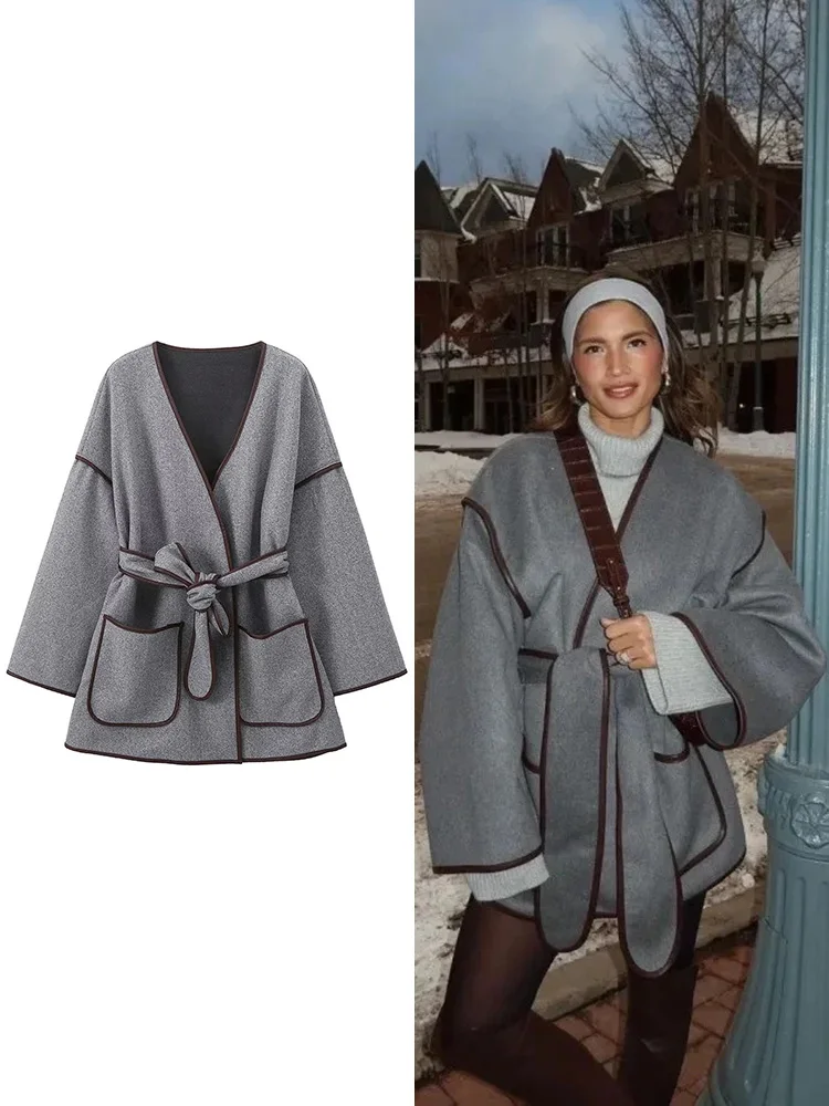 

TRAF Women's Vintage Grey Coat Casual Fashion Loose Cardigan With Belt V-Neck Jacket New Fashion Women's Coat Solid Color Jacket