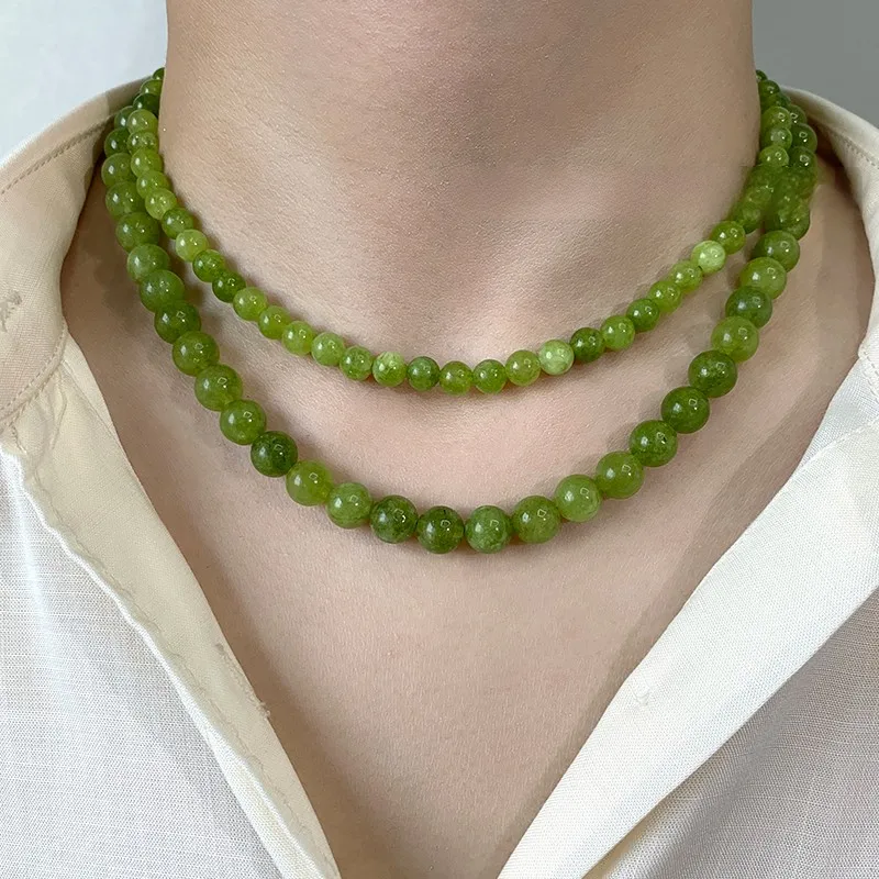 Collier de Perles Rondes en Pierre Verte Naturelle, Bijoux de Mode Française pour Bol, Accessoires de Luxe Sexy pour Femmes