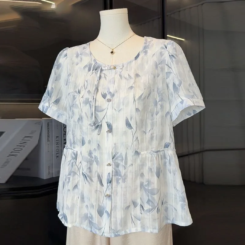 

Женская шифоновая блузка с принтом чернильного листа и рюшами, повседневный летний повседневный модный топ с завязками на шее и пышными рукавами на талии