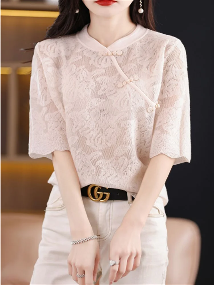 Ice Silk Tshirt Women Short Sleeve Blouses Retro Buttons Summer T-shirts Jacquard Hollowed out Knitwear Thin Pullover Female Tee