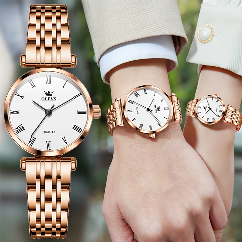 

OLEVS Couple Watches Luxury Business Dress Steel Strap Wristwatch Elegant Simple Fashion Rose Hand Clock Valentine's Day Gifts