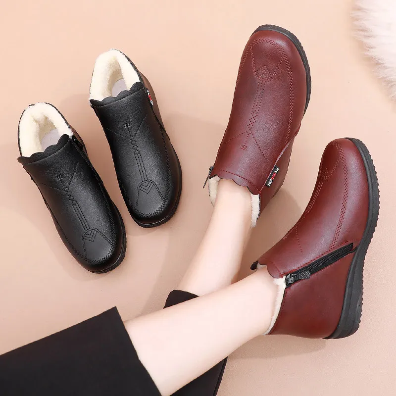 Fashion womens winter leather boots waterproof snow sneakers casual flurry female shoes comfortable ankle boots women