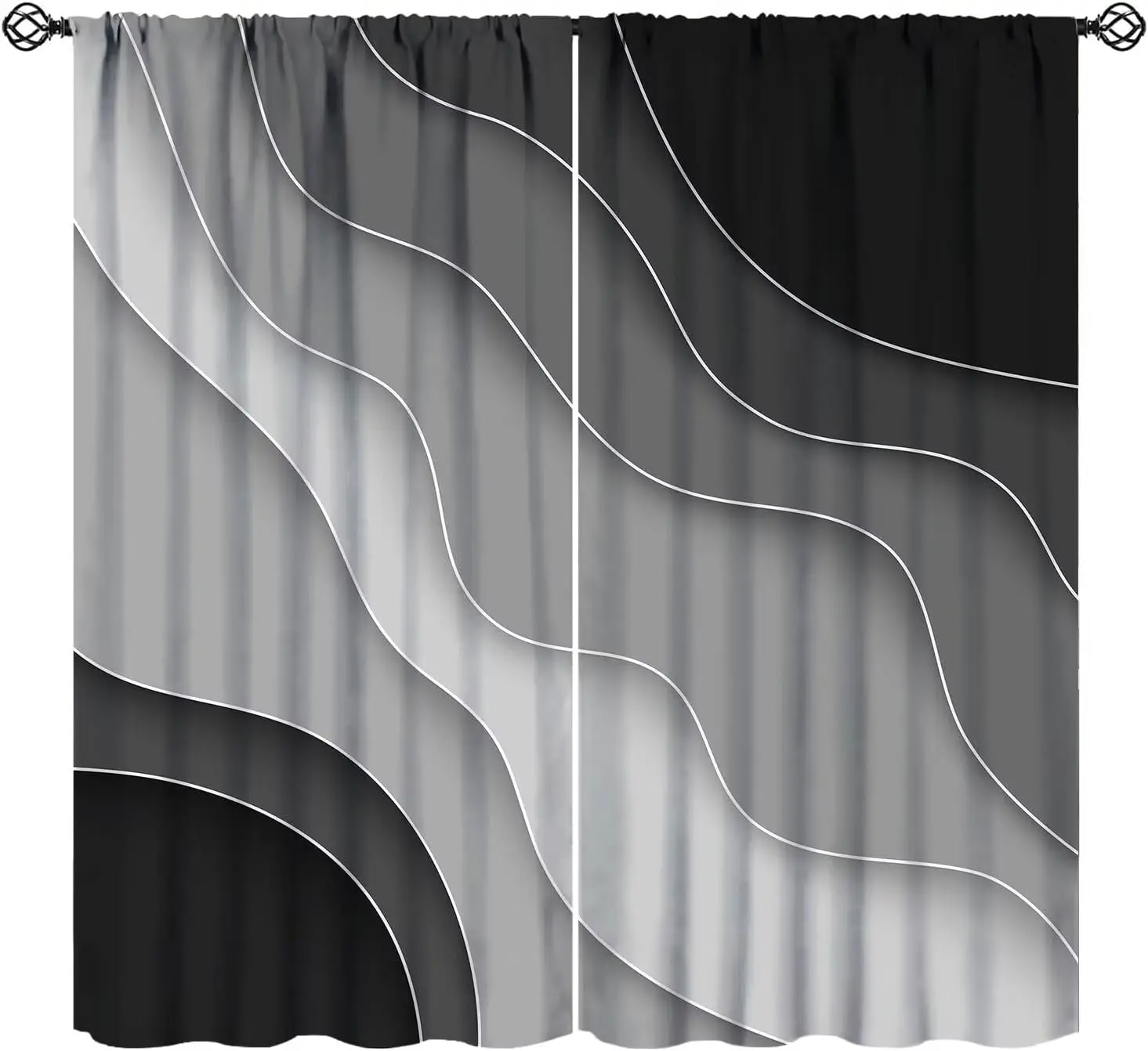 Black Grey Abstract Ombre Curtains Kids Boys Girls Teens Bedroom Decor Modern Aesthetic Geometric Printed Rod Pocket Blackout