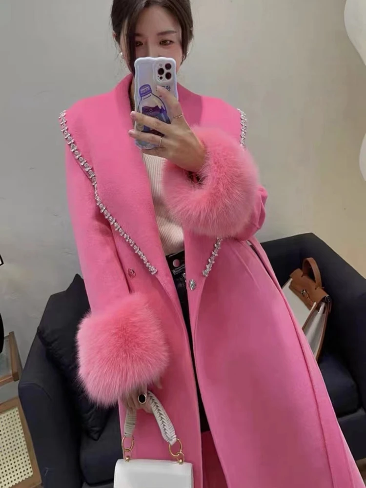 2023 New Arrival Cashmere Women Winter Long Coat With Real Fox Fur Cuffs Fashion Model High Quality Jacket