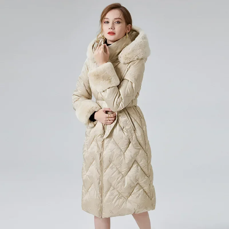 Mulheres com capuz para baixo casacos de inverno high-end engrossado jaqueta longa estilo viajante branco pato roupas pele de coelho parkas