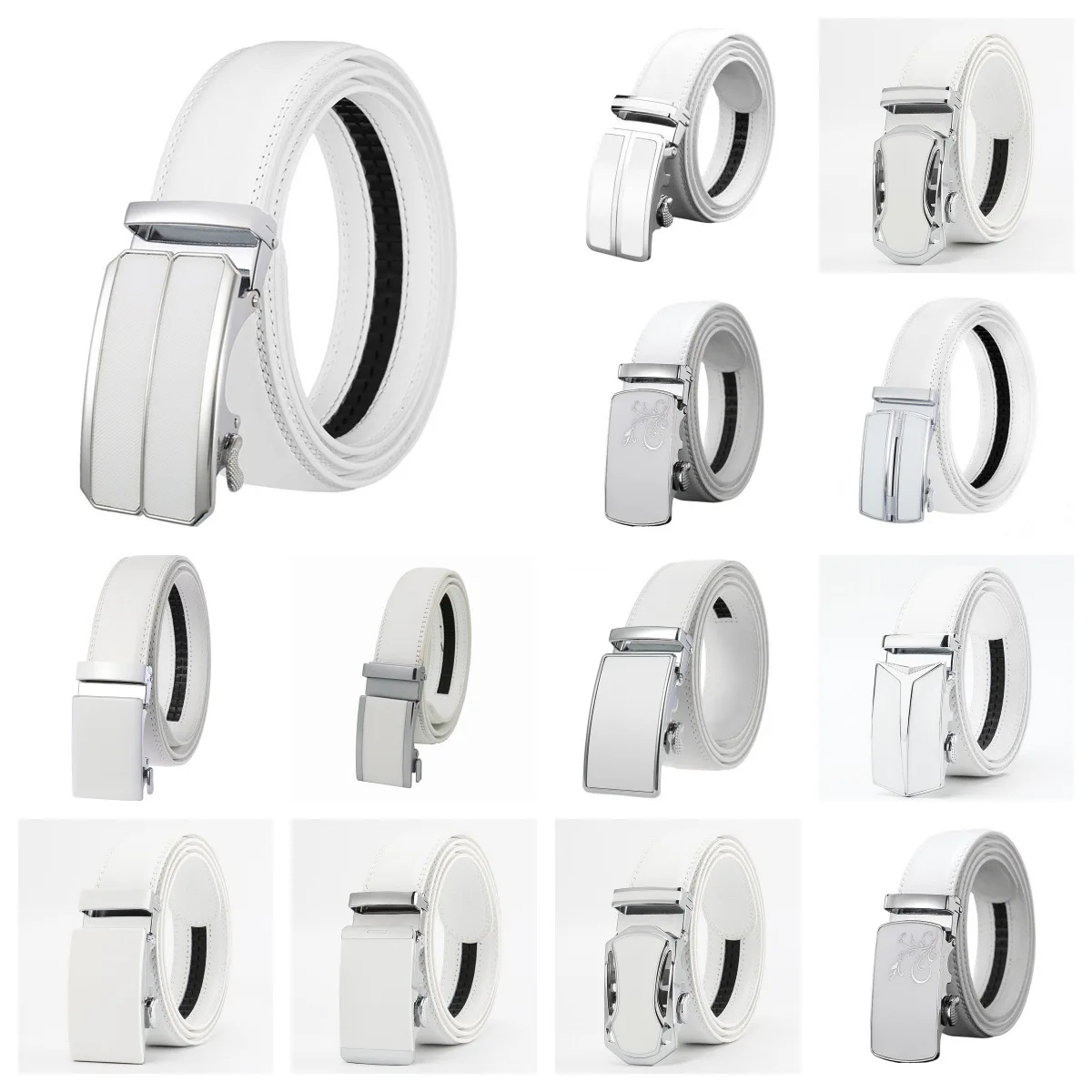 Brand Alloy Automatic Buckle Men Belts White Cow Leather High Quality Ratchet Waist Belt No Holes 3.5cm Width