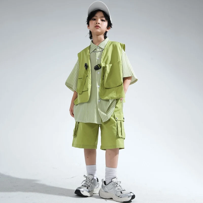 Sommer Kinder Hip Hop Kleidung Jungen Grüne Weste Hemd Shorts Street Dance Kostüm Trommel Konzert Leistung Kleidung Lose BL14863