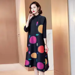 Colorful round fashionable dot print half high collar 3/4 sleeve pleated dress split hem medium length A-line skirt