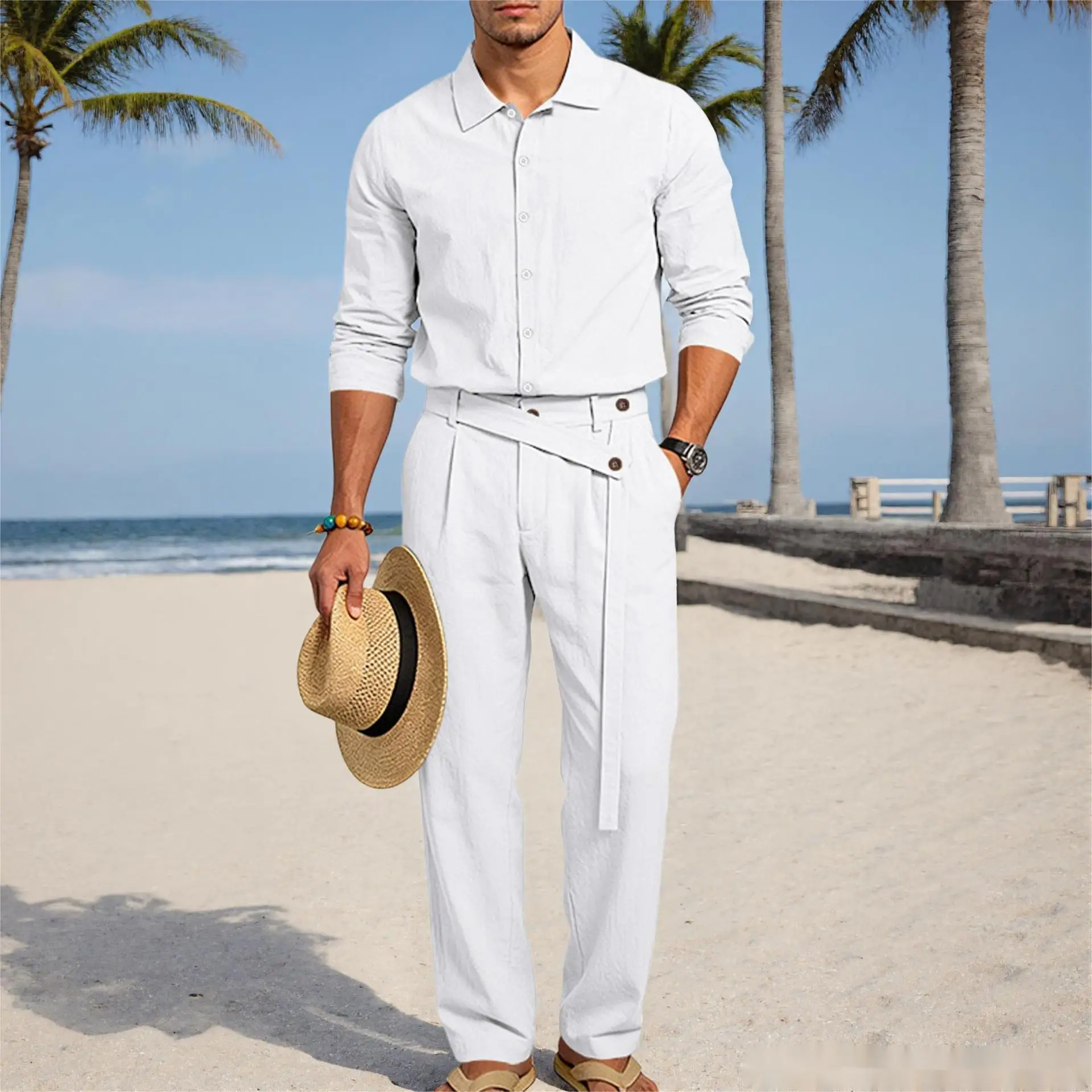 Europäisch-Amerikanisches Herren-Leinen-Freizeitset: Hemd mit Umlegekragen und Hose mit hohem Bund und Gürtel – Locker, atmungsaktiv, für Urlaub und Strand – Detail 3