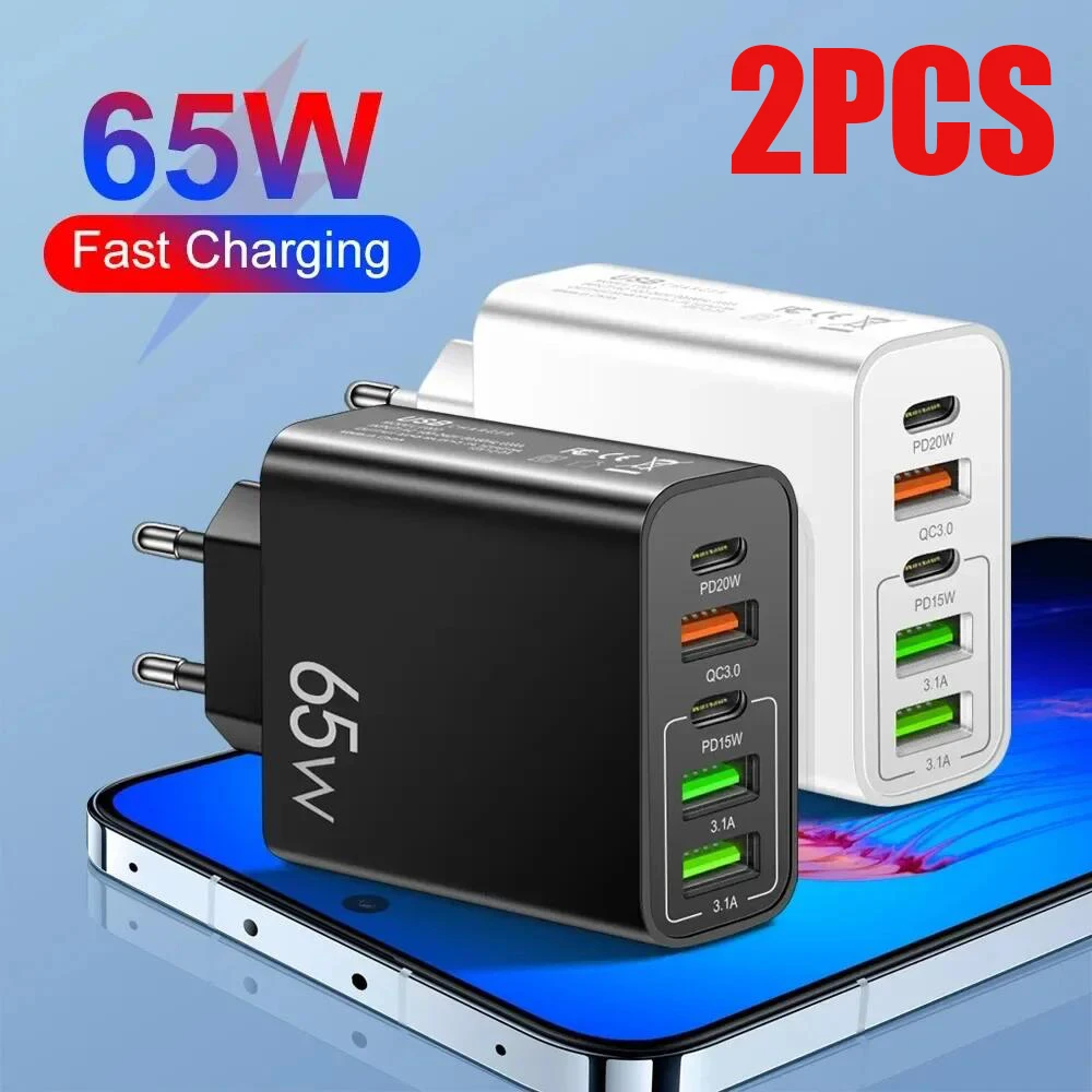 

2Pcs 65W USB C Charger 5 Ports Fast Charging Phone Charger Power Adapter For iPhone Samsung Xiaomi PD Quick Charge Wall Charger