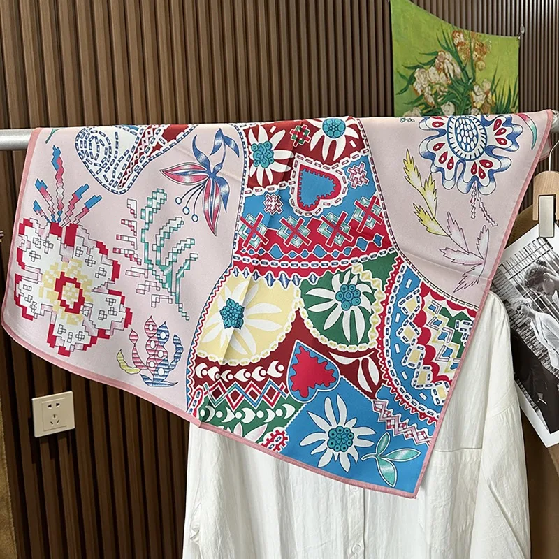 Vintage Ethnic Pony Floral Satin Scarf 70x70cm Bohemian Bandana Ladies Neck Hair Wrap Silk Feel Holiday Women Fashion Gift
