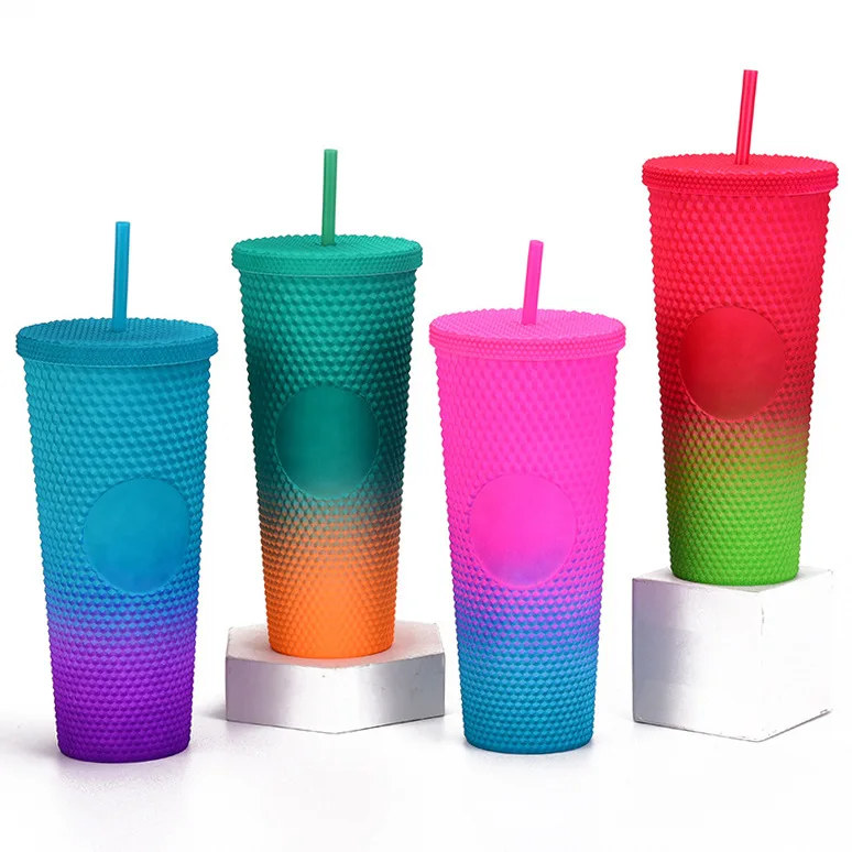 Summer Cold Water Cup Tumbler With Straw Double Layer Plastic Durian Coffee Mug Without LOGO Plastic Bottle Mug 710ML/450ML CUPS