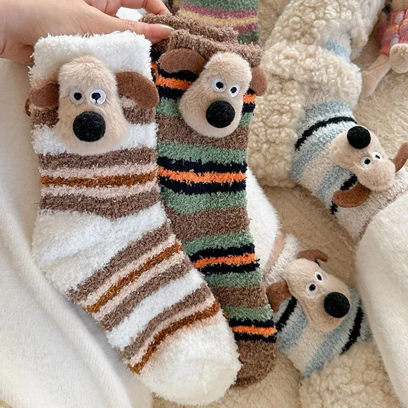 

2 пары зимних теплых носков для девочек, женские бархатные домашние носки с 3D рисунком собаки, милые женские забавные носки, комплект