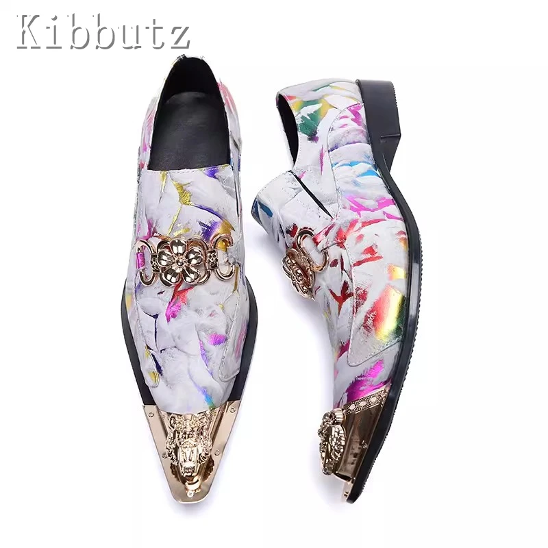 Zapatos de piel auténtica con estampado para hombre, calzado con punta puntiaguda, decoración de Metal, estilo británico, moda de lujo, fiesta, banquete, talla grande