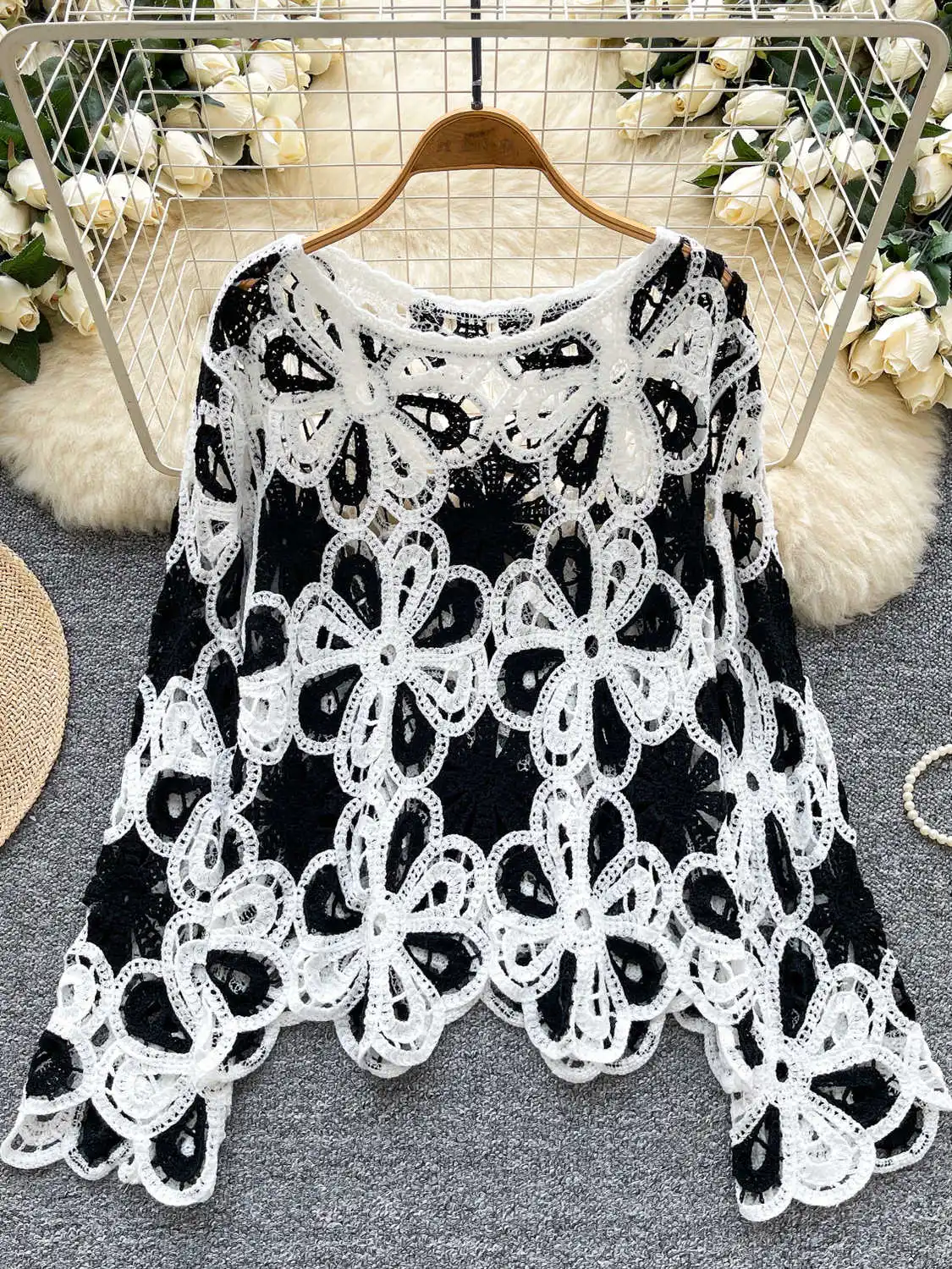 

Женский белый полый пуловер, свитер, винтажный 2000-х годов Y2k, праздничный трикотаж в стиле бохо, свитер с длинными рукавами и круглым вырезом, осенне-зимняя одежда