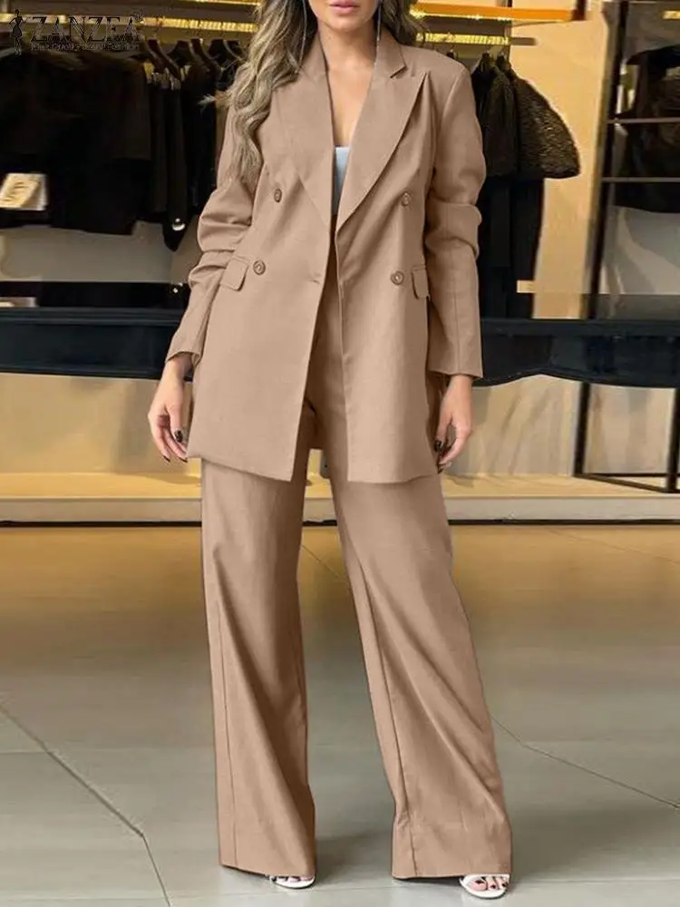 

ZANZEA Fashion Women OL Work Tracksuit 2PCS Elegant Lapel Neck Long Sleeve Blazer Suits Solid Wide Leg Pants Sets Spring Outifit