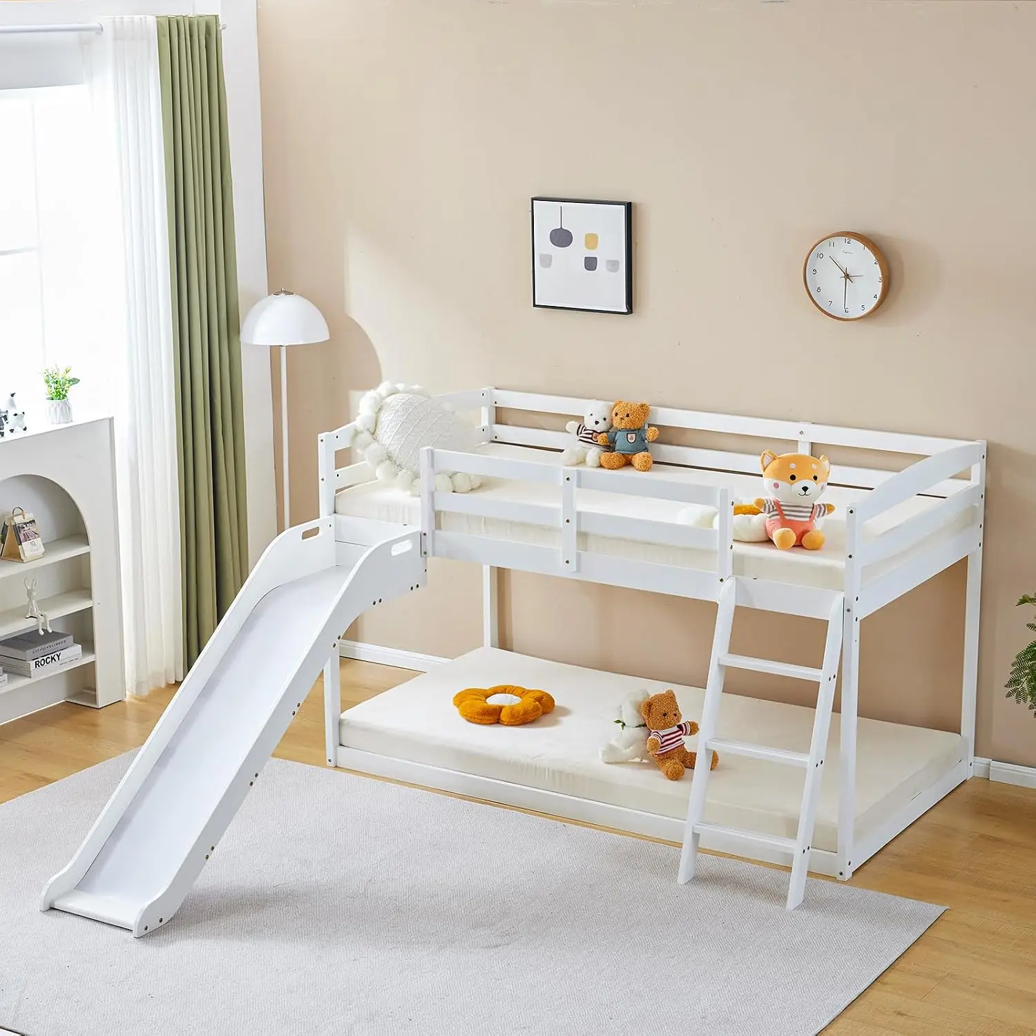 Twin Over Twin Low Bunk Bed With Curved Slide & Ladder, Solid Pine Wood, 14