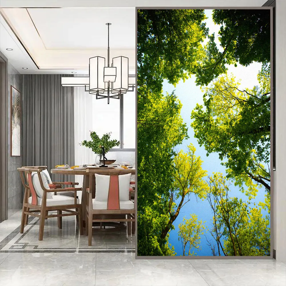 Static Cling Window Film Privacy Heat Control Anti UV Blocking Window Stickers Green Tree Decorative Frosted Window Film