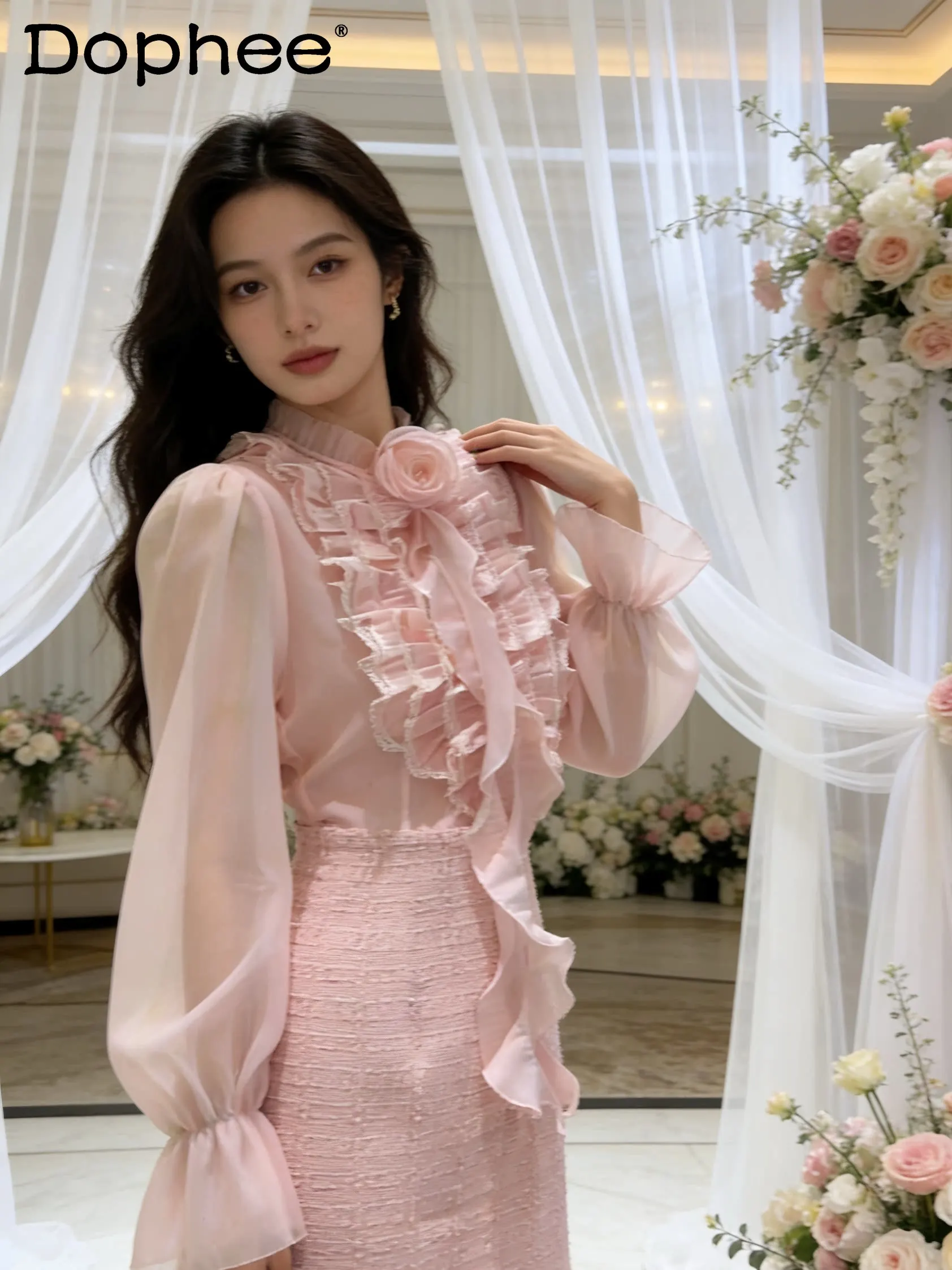 

2026 New Sweet Lady Pink Ruffle Edge Dress Women's Korean Version Bubble Sleeve Stand-up Collar Slim Versatile Medium Long Dress