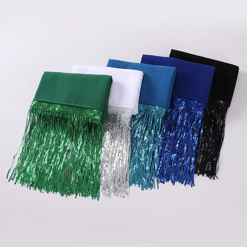 New Sequins Tassel Scarf Arab Muslim Plain Chiffon Hijab Wrap Islamic Shawls Malaysia Long Fringes Headband Women Headwear