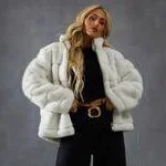Women Faux Fox Fur Coat Short Jacket Solid Check Turn Down Collar Zipper Fly Loose Thick Office Lady Casual 2025 Autumn Winter