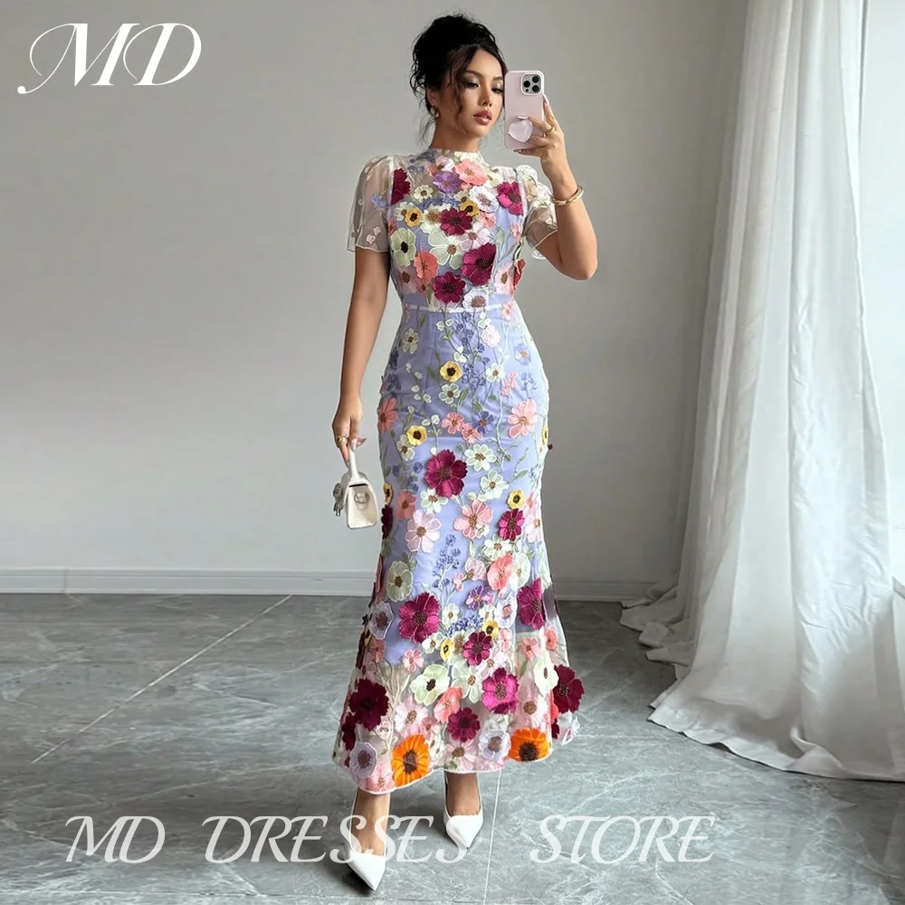 MD New Modern 3D Lace Evening Gown Mermaid Ankle-Length O-Neck Short Sleeves Prom Down فستان حفلة موسيقية customised 2025