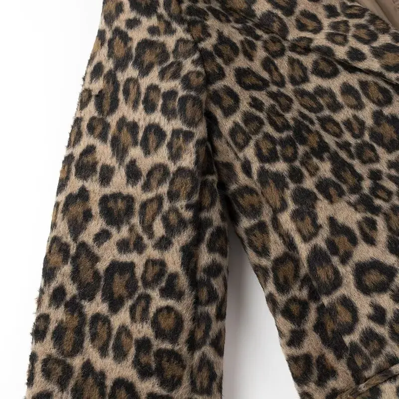 Woollen Woman Vintage Jacket Leopard Single Breasted Pocket Casual Long Sleeve Short Coat 2024 Ladies Autumn High Street Outwear