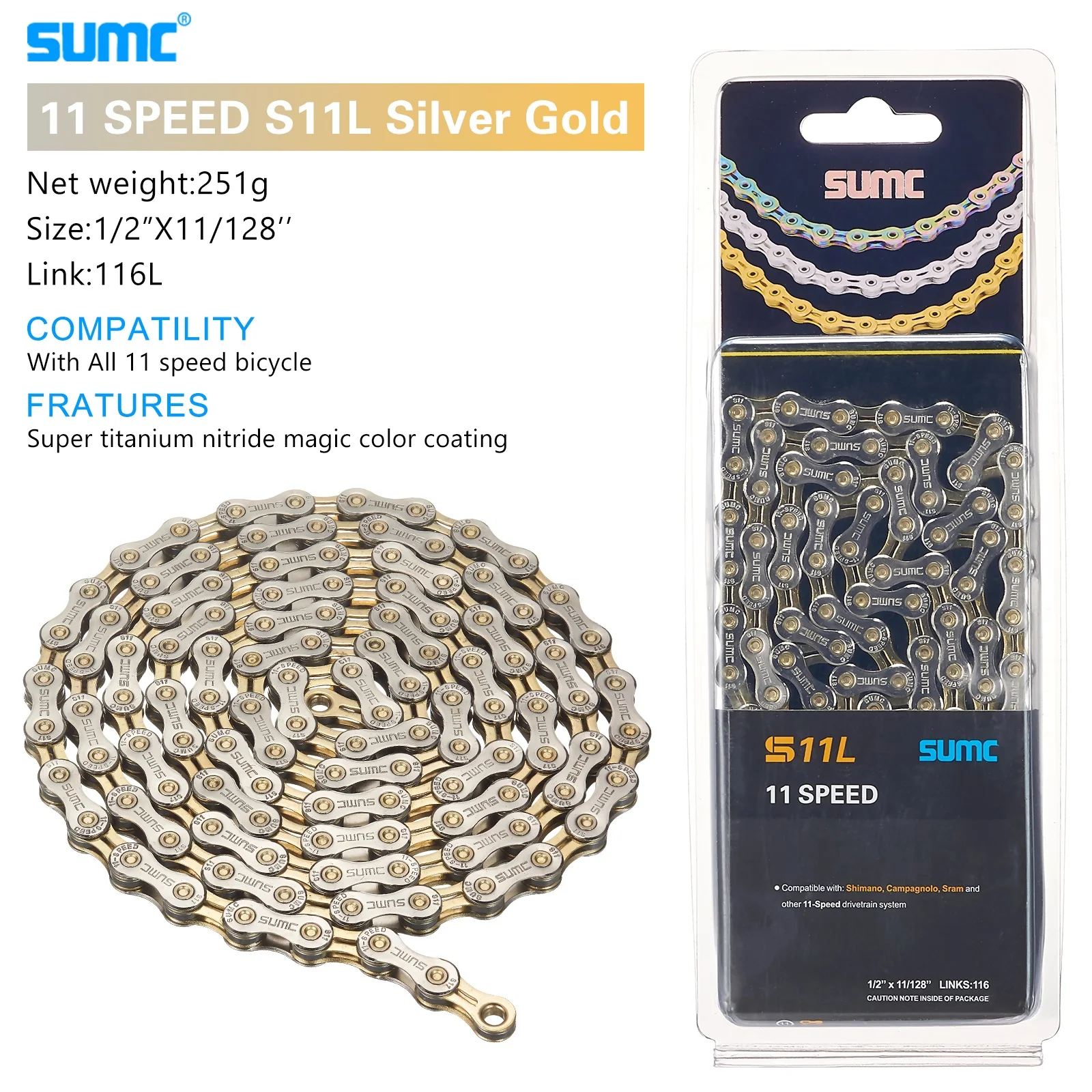 Bicycle Shifting Chain SUMC Mountain Road 8 9 10 11 12 Speed Hollow Ultra Light Gold Chain 251g with Missinglink M8000 M6000