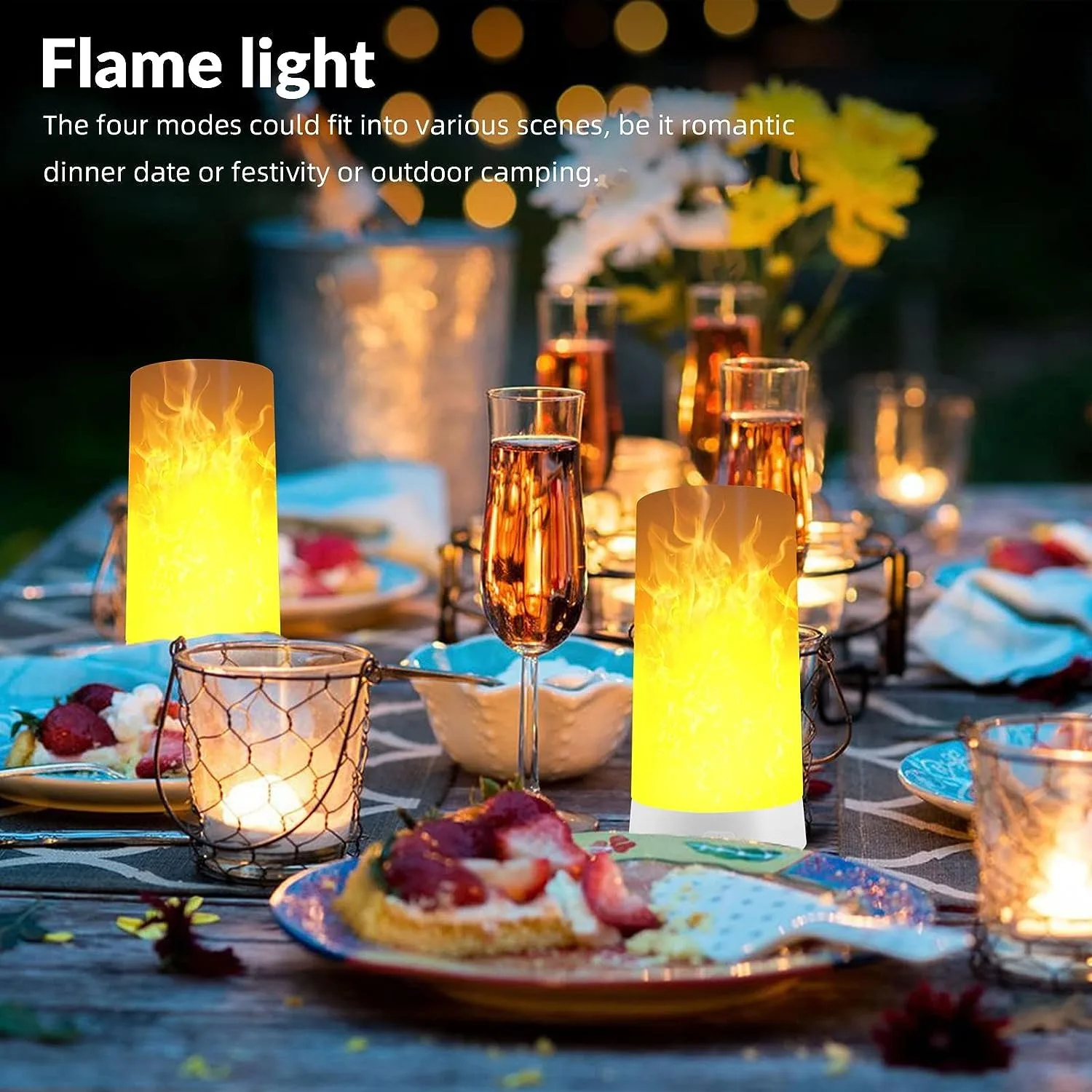 LED Flame Light USB Rechargeable Flameless Candles Flicking Fireplace Lights Outdoor Hanging Lanterns 4 Flame Modes Waterproof