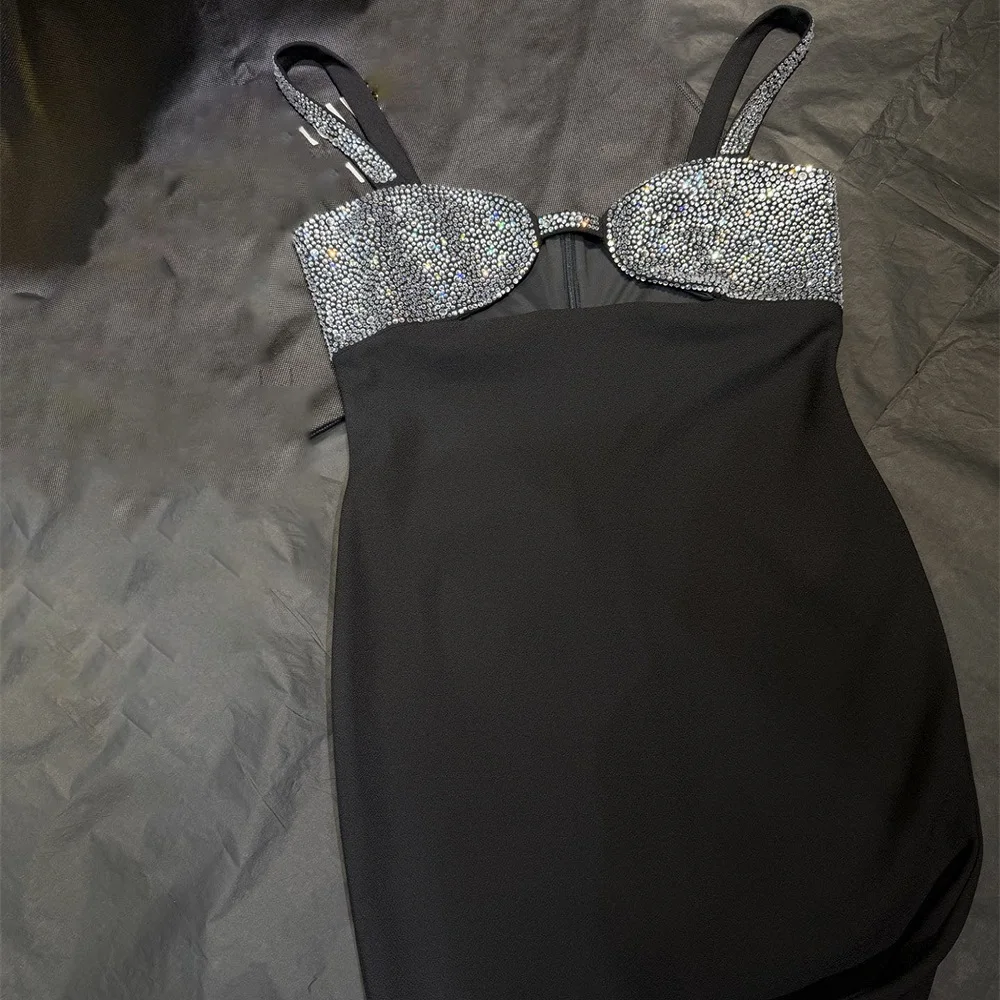 2026 Winter Women's Sexy Slip Dress with Rhinestones and Corset, Women's Black Dress, Y2K New High-Quality Party Bodysuit bra