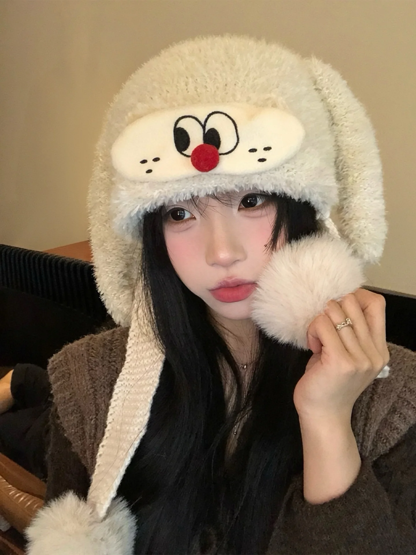 Thickened Knitted Furry Long Ear Plush Hat Women's Autumn Winter New Style Warm Cold Proof Big Head Size Wrap around Hat