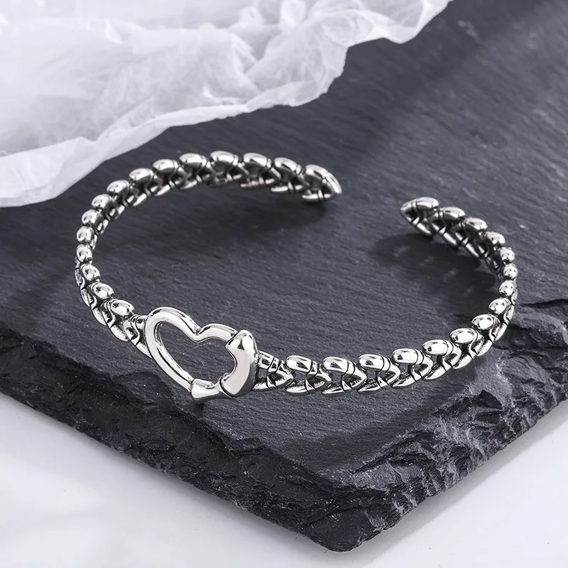 925 Sterling Silver Simple Chain Interlocking Retro Woven Love Vintage Bracelet Jewelry for Women Girls Party Daily Accessories