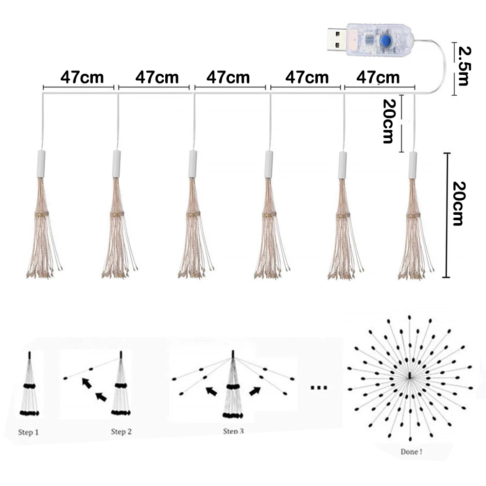 Luz de fuegos artificiales DIY, luces colgantes USB para árbol, luces de hadas, lámpara Starburst para jardín, guirnalda navideña, Festival